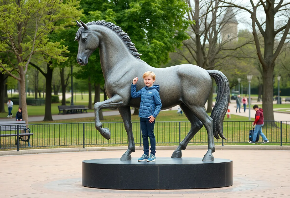Monument symbolizing the bond between a boy and a horse in a park.
