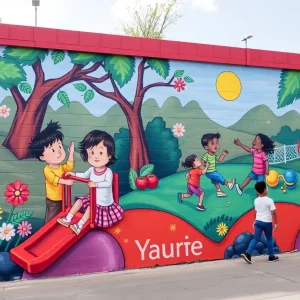 Community mural titled 'Nature's Playground' in Lexington Parks showcasing children playing.