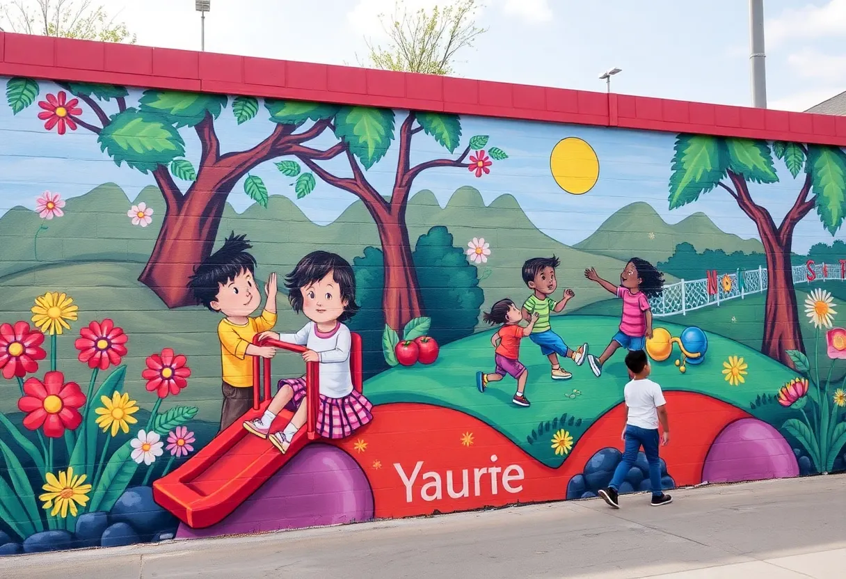 Community mural titled 'Nature's Playground' in Lexington Parks showcasing children playing.