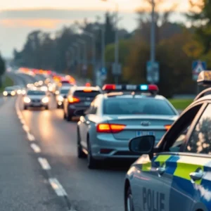 Police car at the scene of a hit-and-run accident on a busy road.