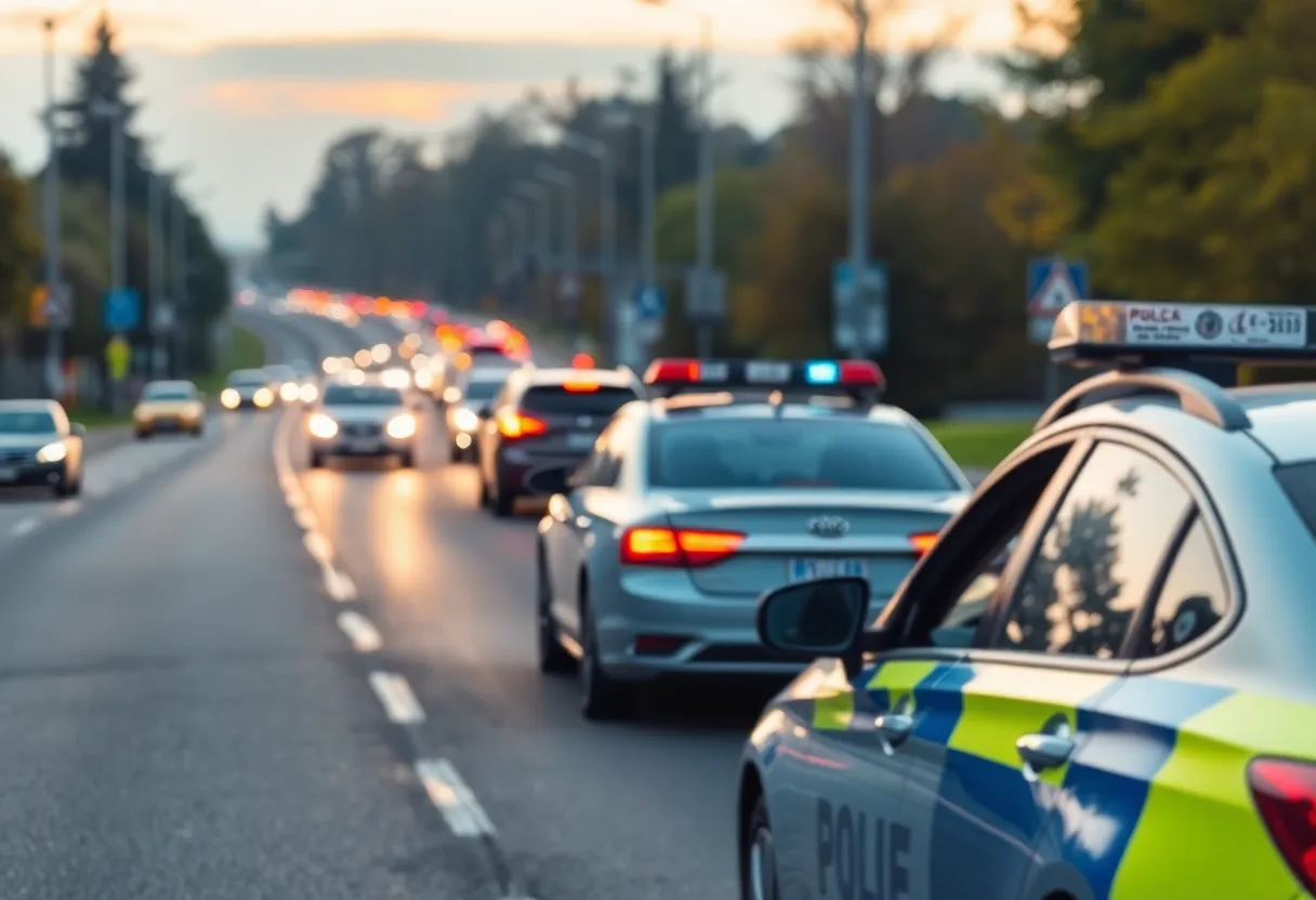 Police car at the scene of a hit-and-run accident on a busy road.