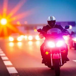 Scene of a police motorcycle chase with flashing lights and a blurred highway background.