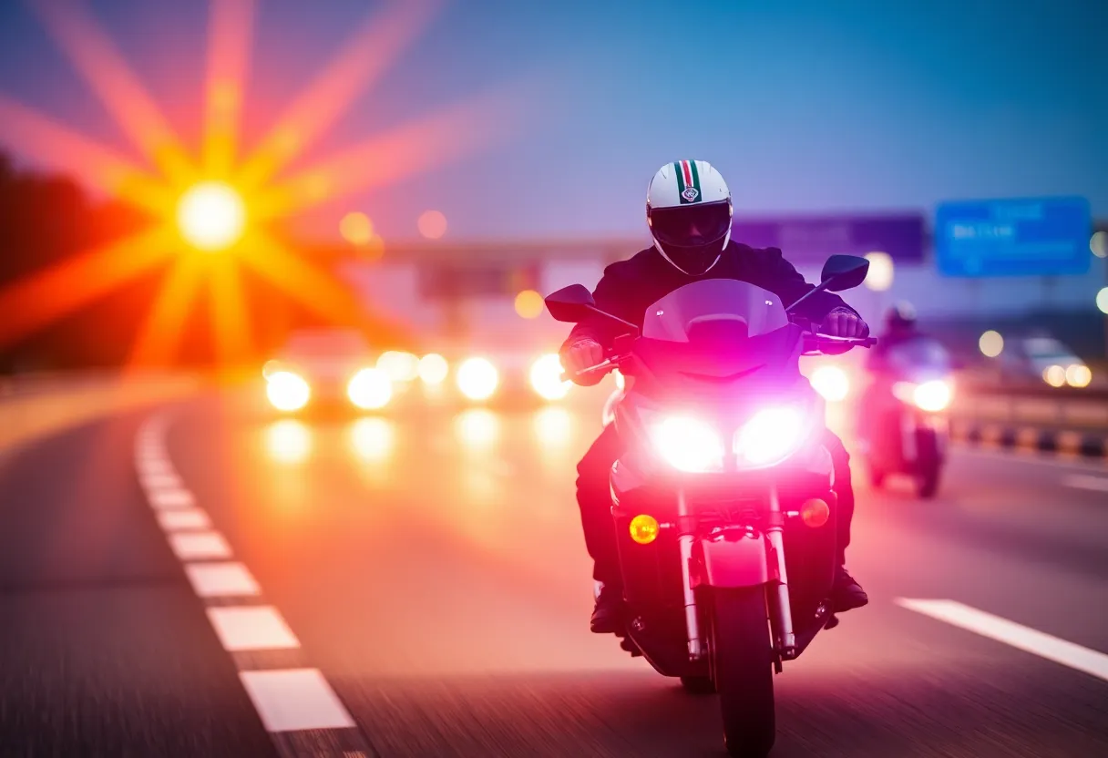 Scene of a police motorcycle chase with flashing lights and a blurred highway background.