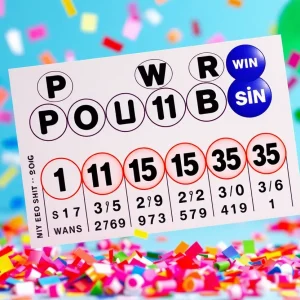 Powerball ticket with winning numbers and confetti