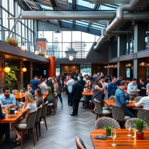 Social club interior with adults engaging and dining