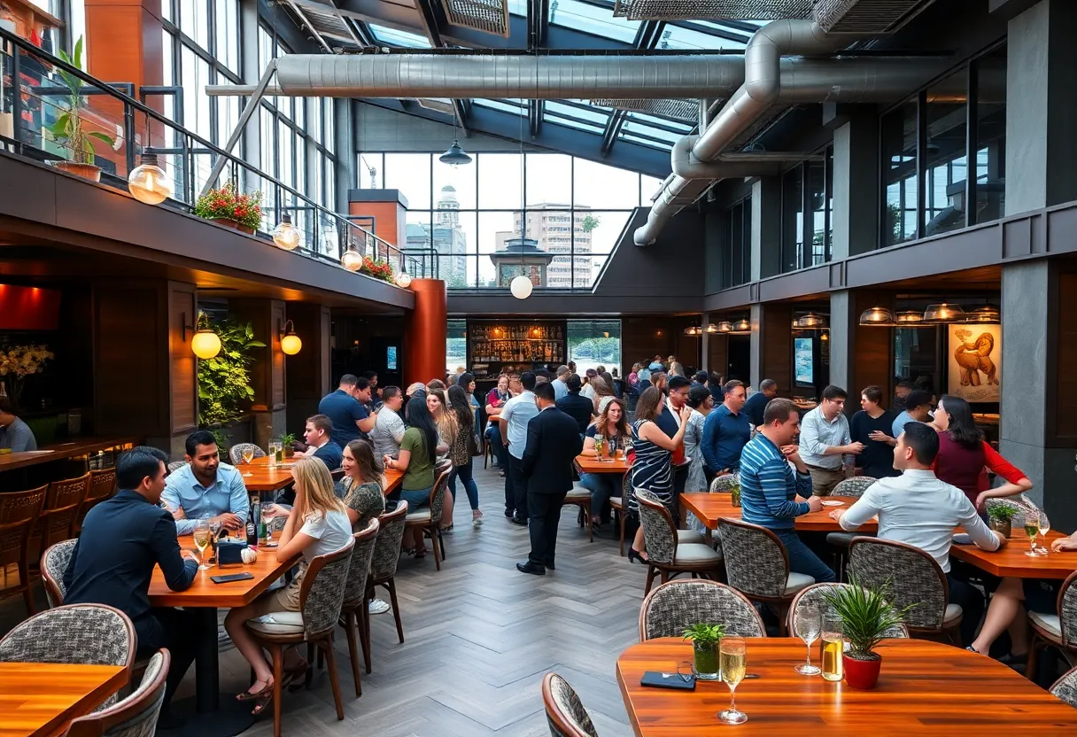 Social club interior with adults engaging and dining