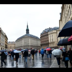 People walking with umbrellas on a rainy street in Frankfort