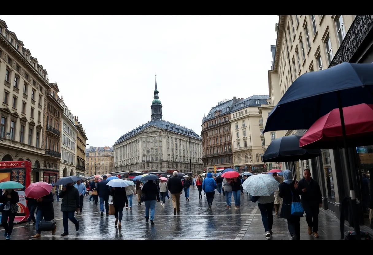 People walking with umbrellas on a rainy street in Frankfort