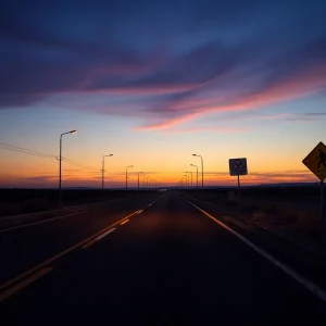 A warning sign about road safety on a dimly lit road