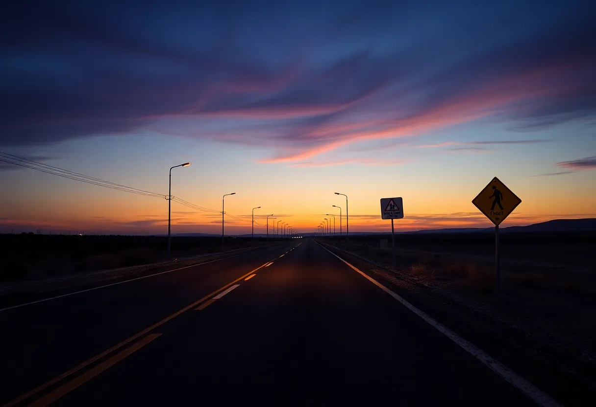 A warning sign about road safety on a dimly lit road