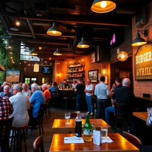 A lively bar and grill scene with patrons enjoying food and drinks
