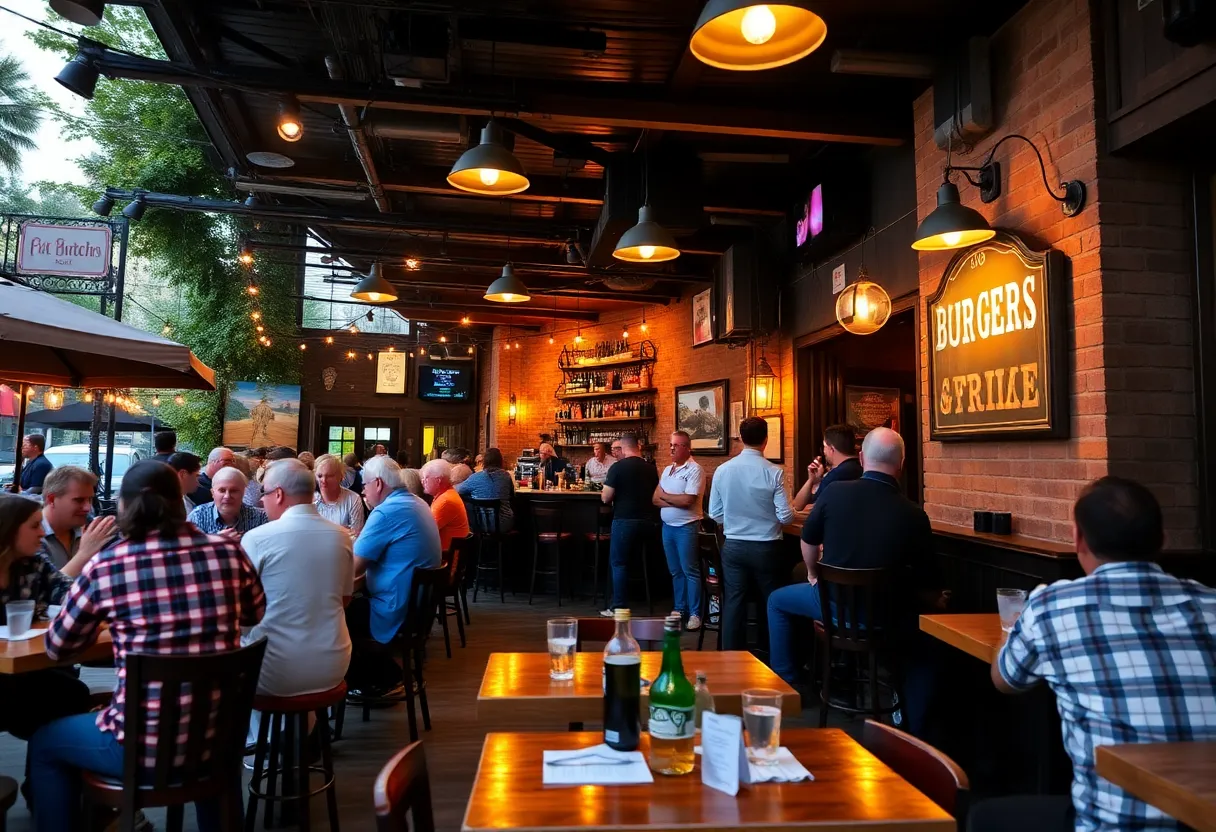 A lively bar and grill scene with patrons enjoying food and drinks