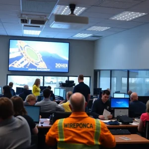 Emergency management officials coordinating during a severe weather event in Scott County.