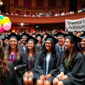 Graduates celebrating at the Senior Salute event in a colorful setting.