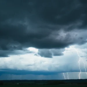 Dramatic storm clouds over Kentucky with rain and lightning