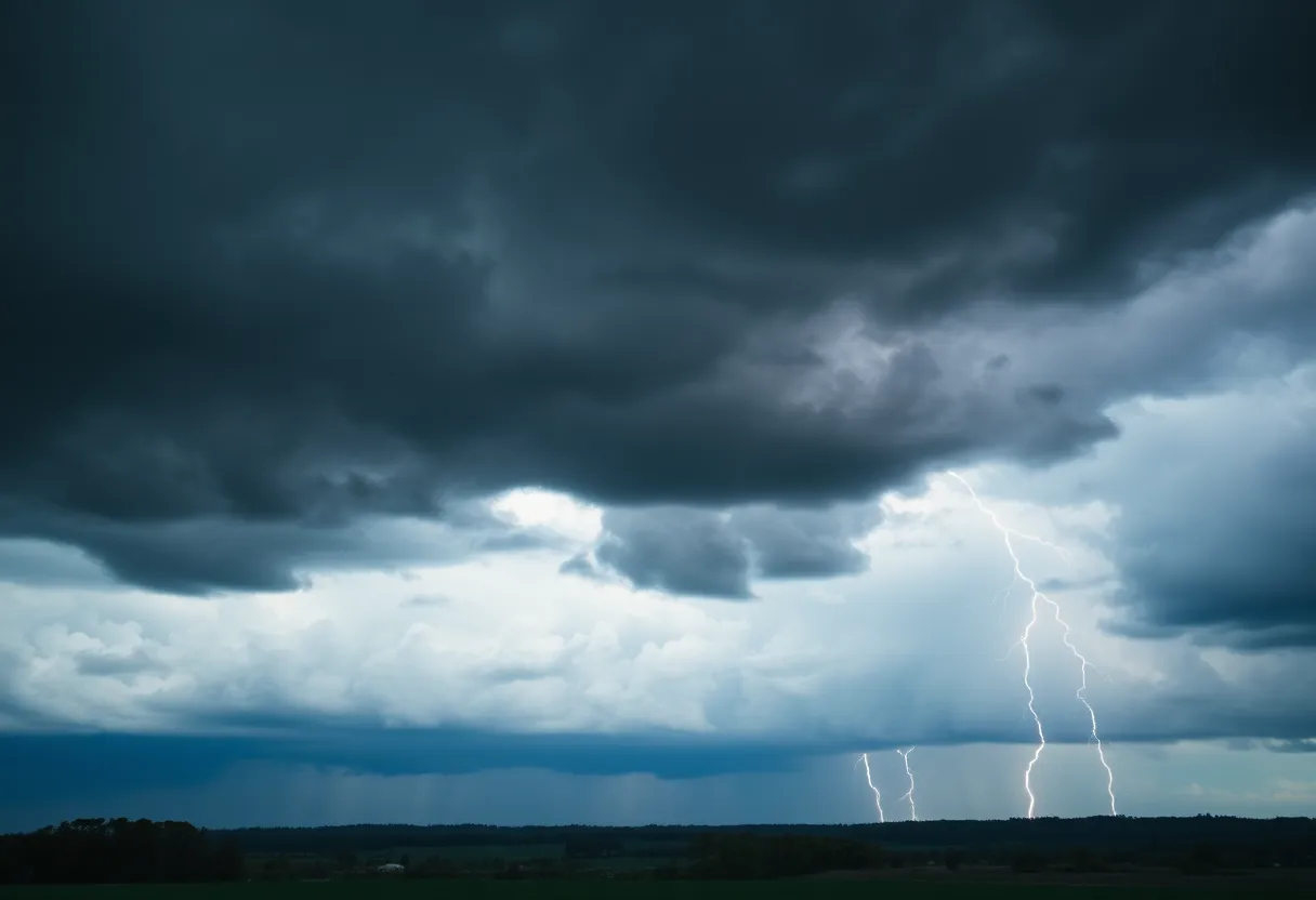 Dramatic storm clouds over Kentucky with rain and lightning