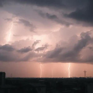 Dark storm clouds and lightning over Lexington, KY