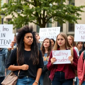 Students expressing disappointment on campus regarding DEI changes at their university.