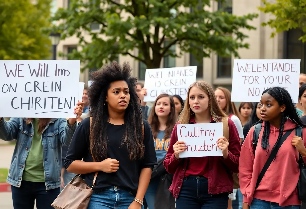 Students expressing disappointment on campus regarding DEI changes at their university.