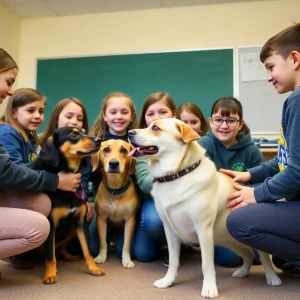 Students engaging with dogs during a training session at Transylvania University.