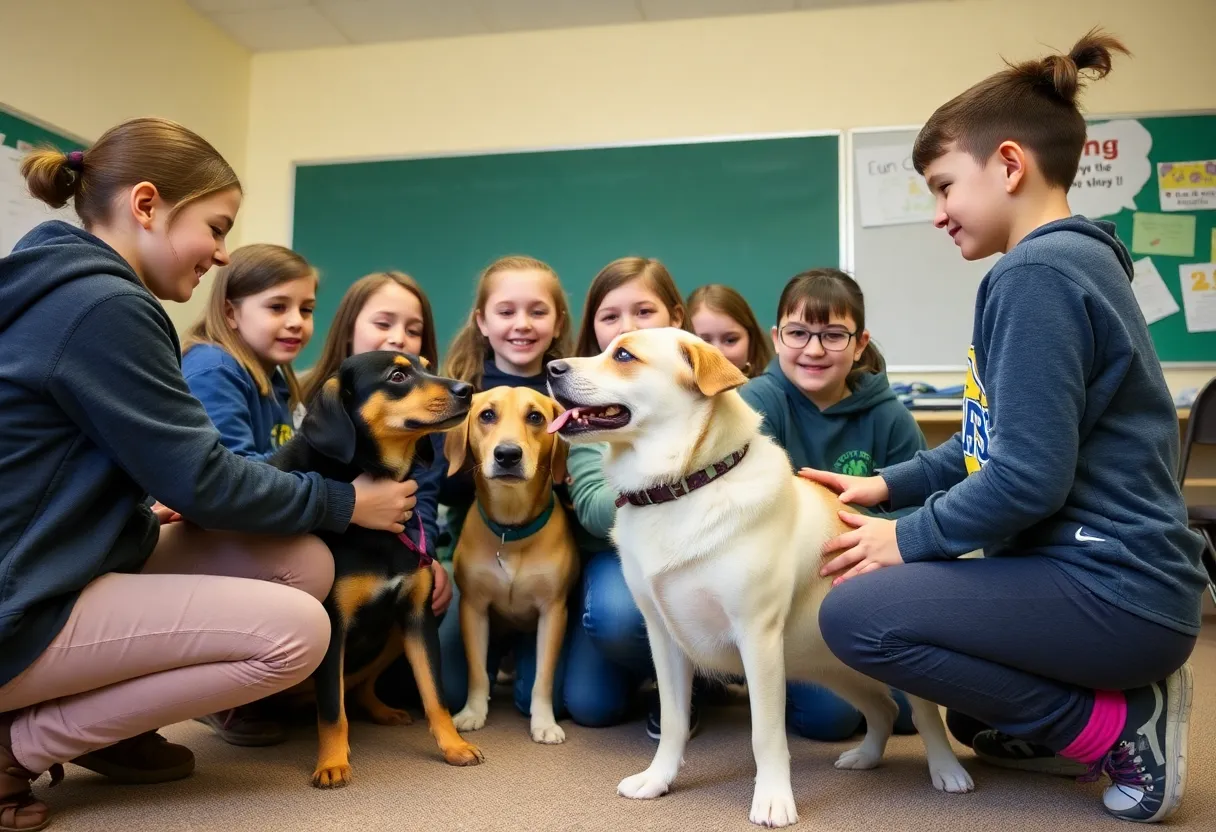 Students engaging with dogs during a training session at Transylvania University.