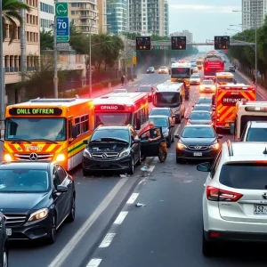 Emergency responders at a traffic collision scene involving multiple vehicles.