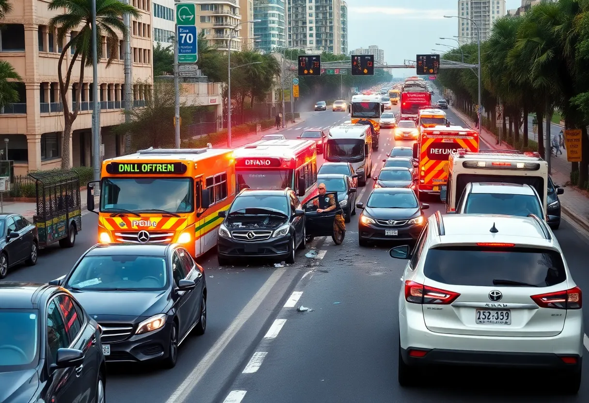 Emergency responders at a traffic collision scene involving multiple vehicles.