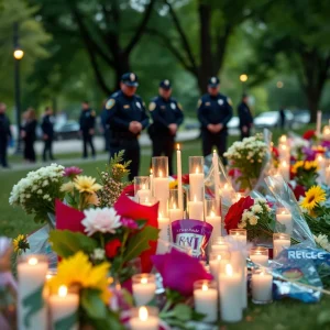 Candles and flowers in memory of Officer Chaney