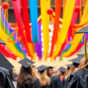 Rainbow decorations at a graduation ceremony representing diversity and inclusion.