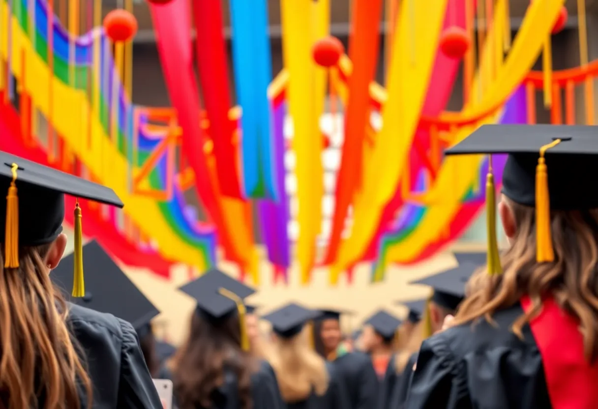 Rainbow decorations at a graduation ceremony representing diversity and inclusion.
