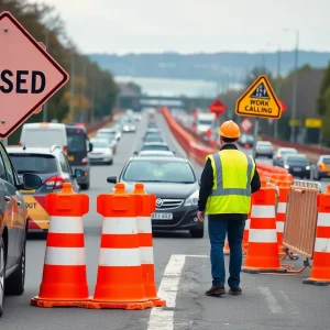 Workers in high visibility clothing at a road work zone