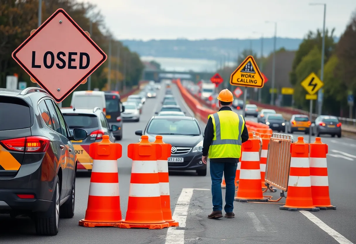 Workers in high visibility clothing at a road work zone