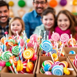 Colorful lollipops stacked in boxes