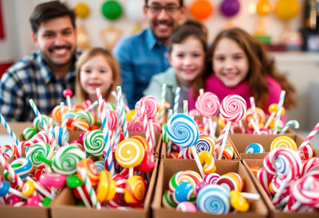 Colorful lollipops stacked in boxes