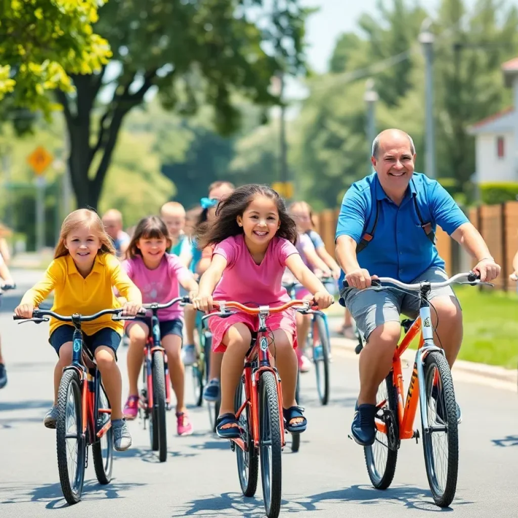 Children biking to school in a community bike bus event