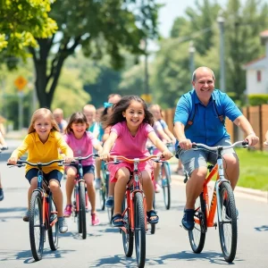 Children biking to school in a community bike bus event