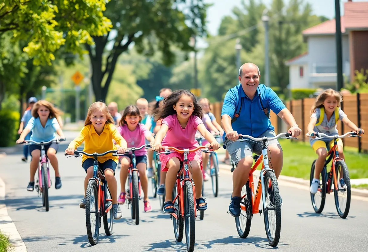Children biking to school in a community bike bus event
