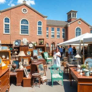 Vendors and visitors at the Athens Schoolhouse Antiques Show outside the historic school building.