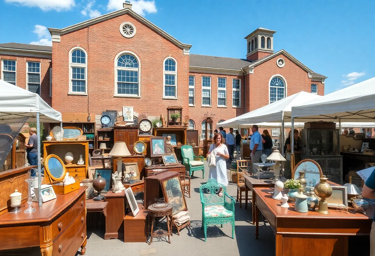 Vendors and visitors at the Athens Schoolhouse Antiques Show outside the historic school building.