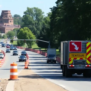 Construction area along Avenue of Champions in Lexington with detour signs