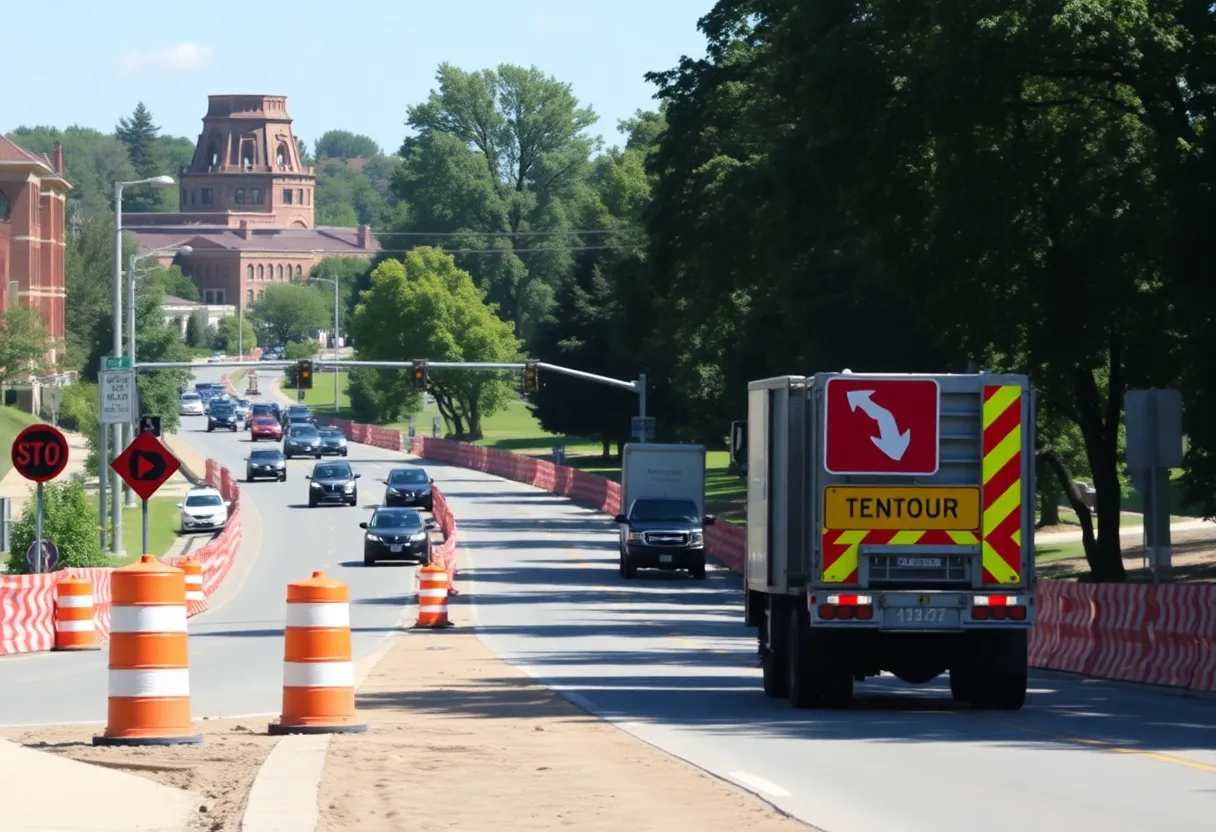 Construction area along Avenue of Champions in Lexington with detour signs