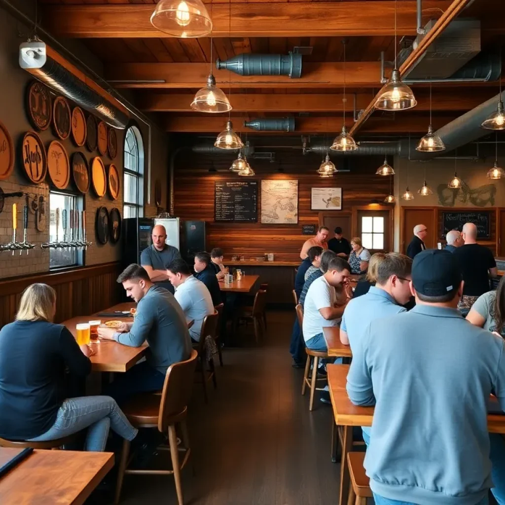 Interior of Black Type Brewing's taproom in Lexington filled with patrons enjoying drinks and food.