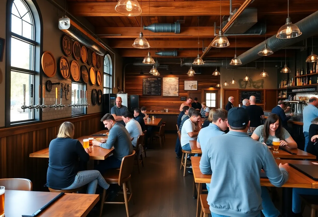 Interior view of Black-Type Brewing taproom with beers and pizzas