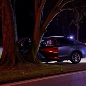 Nighttime car crash scene in Lexington with emergency responders
