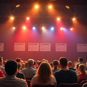Actors auditioning for casting opportunities on a theater stage.