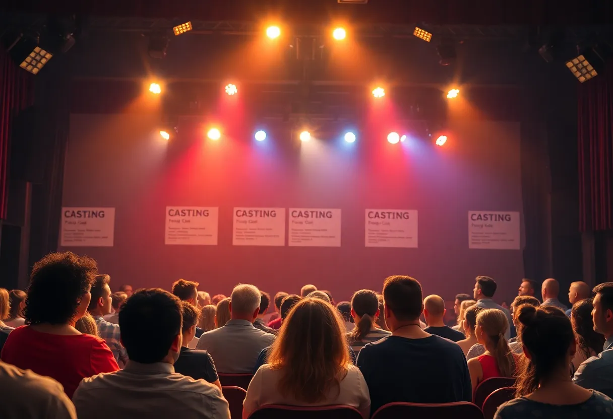 Actors auditioning for casting opportunities on a theater stage.