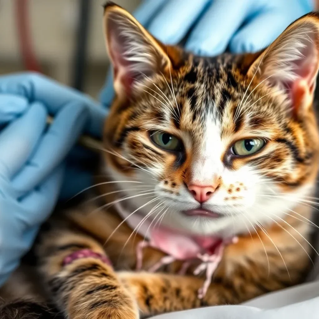 A cat receiving veterinary care after suffering injuries from abuse.