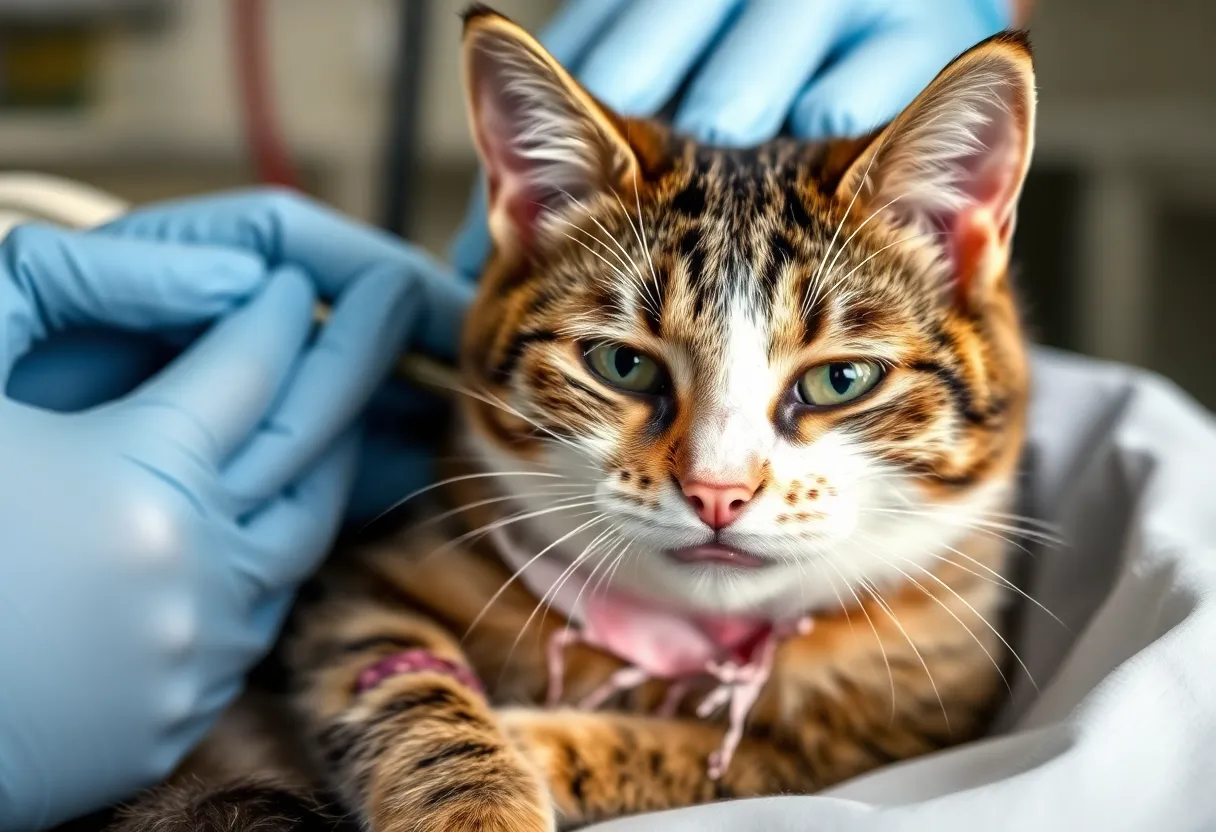 A cat receiving veterinary care after suffering injuries from abuse.