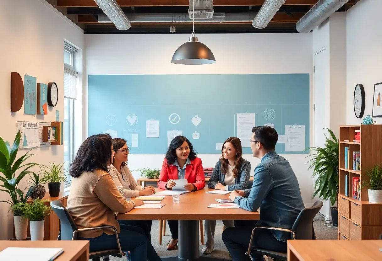 A diverse team of public health professionals in an office