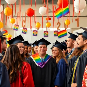 A diverse group celebrating graduation at a community event.
